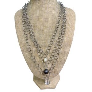 Cookie Lee Silver Multi-Layer Necklace with Black and White Pearl Crystal Bead